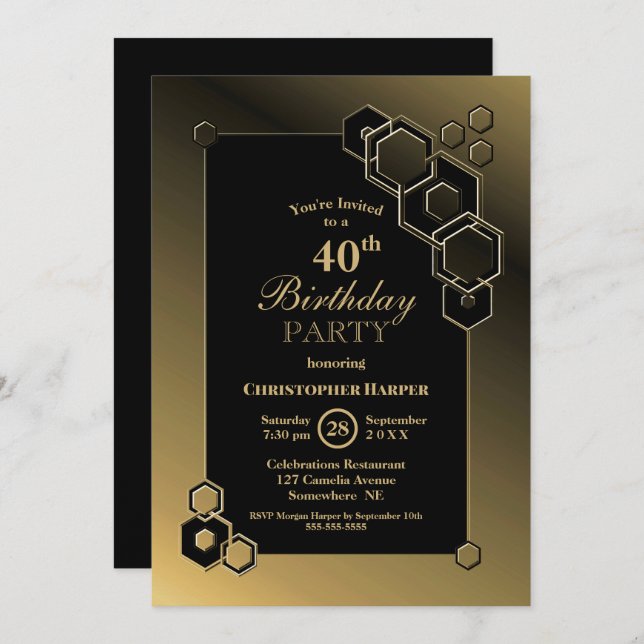 Invitation Géométrique Noir et Or 40e fête d'anniversaire (Devant / Derrière)