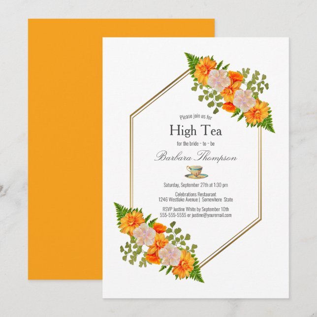 Invitation Géométrique Or Blush Orange Floral Bridal High Tea (Devant / Derrière)