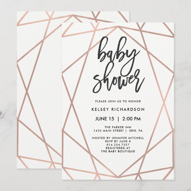 Invitation Géométrique Rose moderne Faux | BABY SHOWER (Devant / Derrière)
