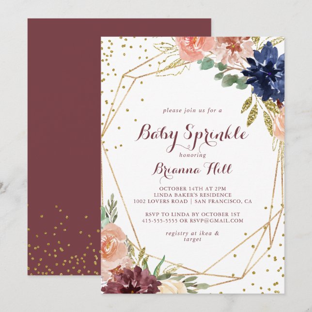 Invitation Géométrique Rustique Gold Calligraphie Bébé Sprink (Devant / Derrière)