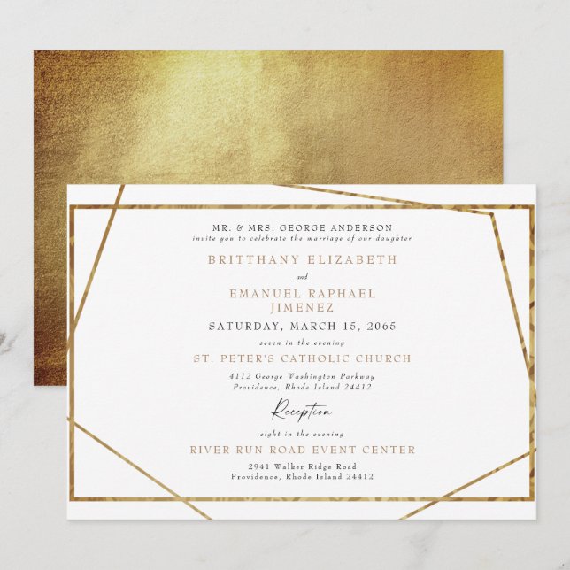 Invitation géométrique simple blanc et or métallis (Devant / Derrière)