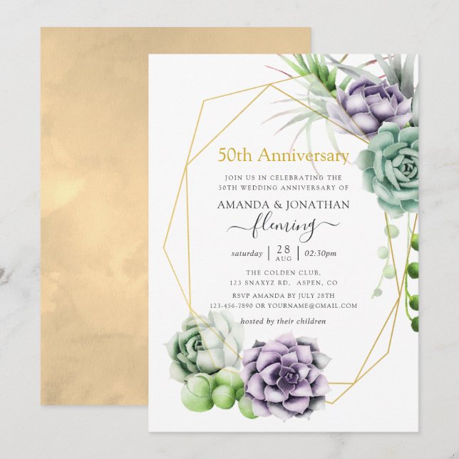 Invitation Géométrique Succulent 50e Anniversaire de Mariage (Devant / Derrière)
