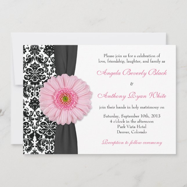 Invitation Gerber Daisy rose pâle noir blanc Mariage damassé (Devant)