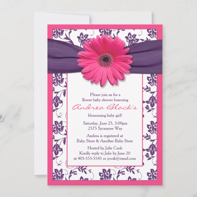 Invitation Gerber Rose Daisy Purple Floral Ribbon Baby shower (Devant)