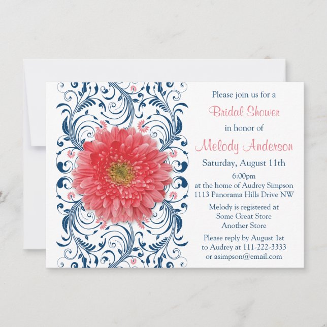 Invitation Gerbera Daisy Coral Navy Blue Floral Fête des mari (Devant)