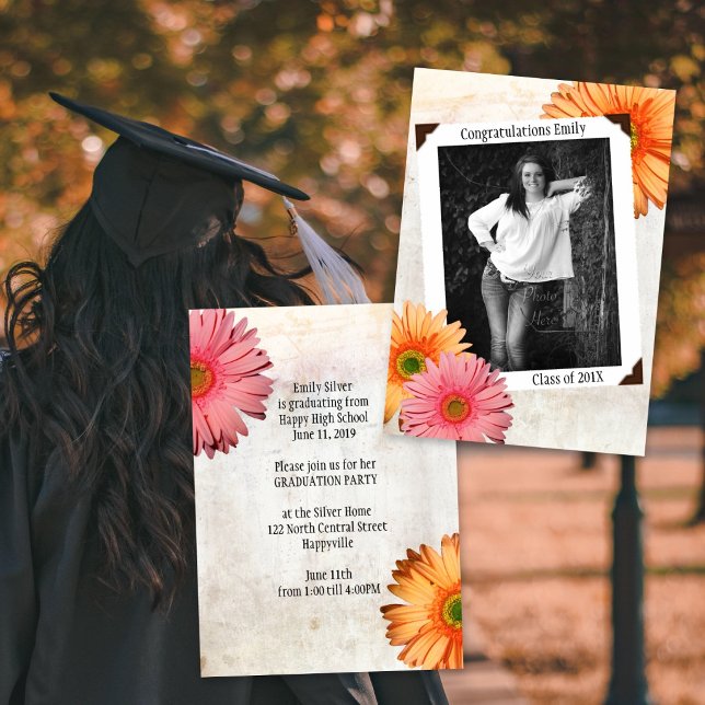 Invitation Gerbera Daisy Filles Photo Graduation (Créateur téléchargé)