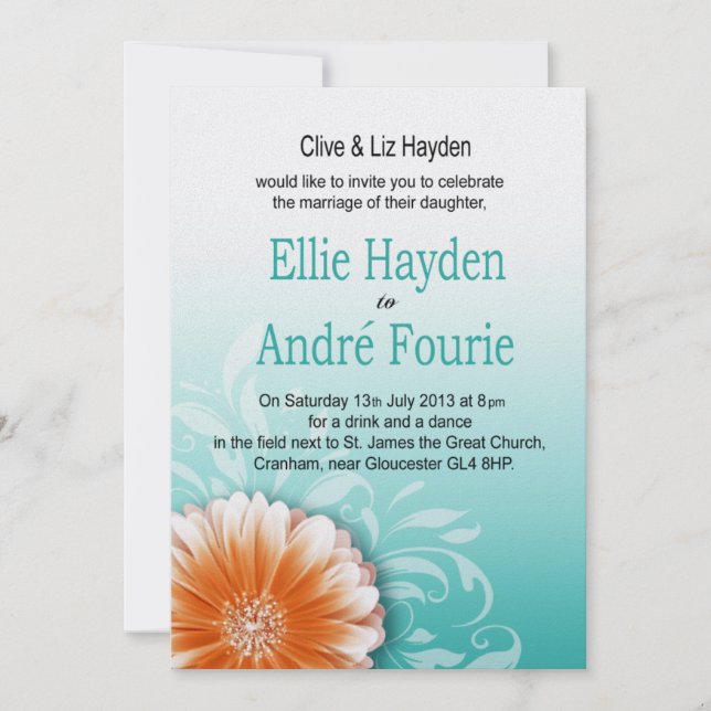 Invitation Gerbera Marguerite Orange Aqua Soirée Uniquement (Devant)