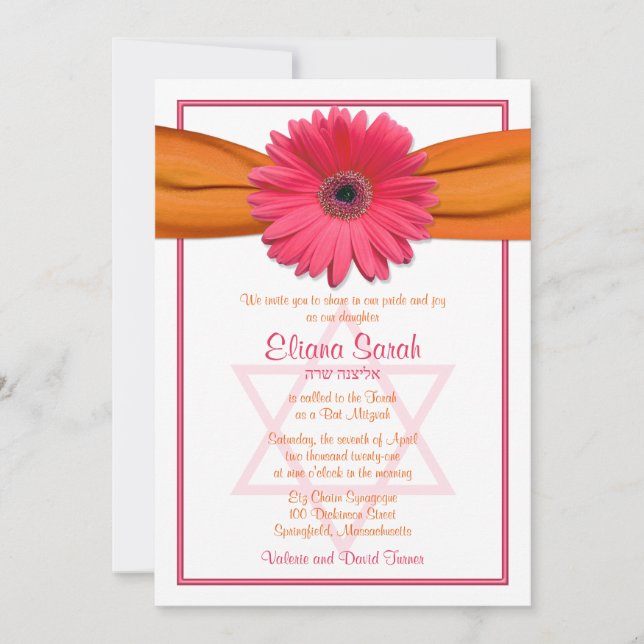 Invitation Gerbera rose Bat mitzvah de ruban orange (Devant)