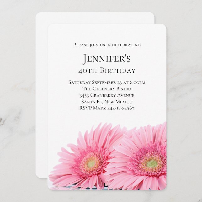 Invitation Gerbera Rose Daisies Élégante Photo Anniversaire (Devant / Derrière)