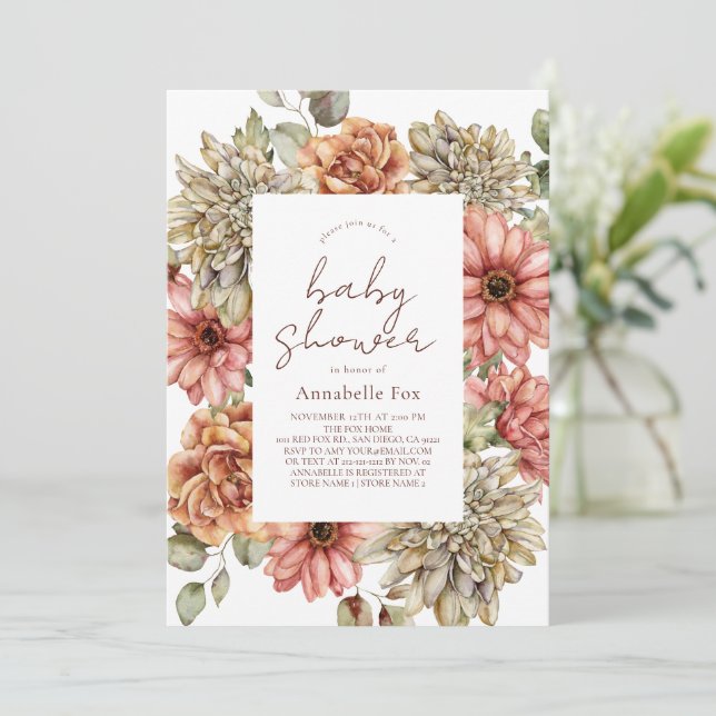 Invitation Gerbera rouge et Baby shower Dahlia blanc (Debout devant)