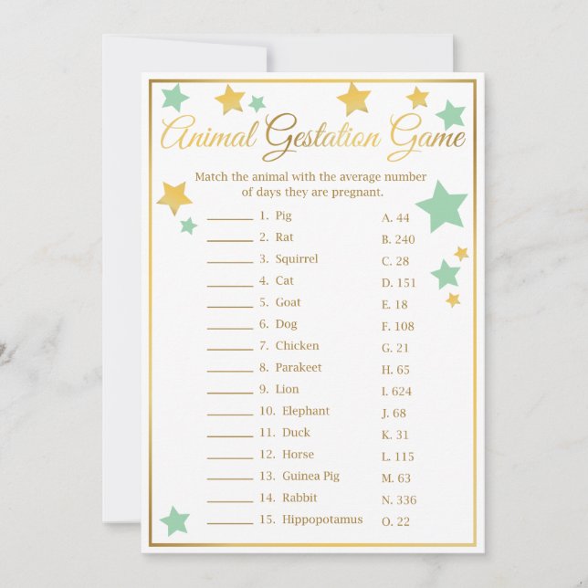 Invitation Gestation d'animaux de Baby shower Gold Mint Star (Devant)