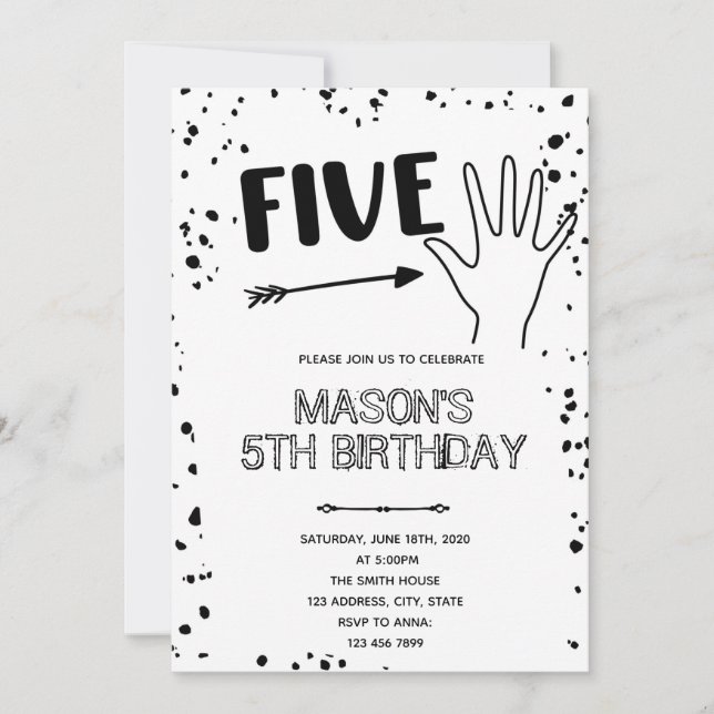 Invitation Geste de la main noir blanc 5ème anniversaire (Devant)