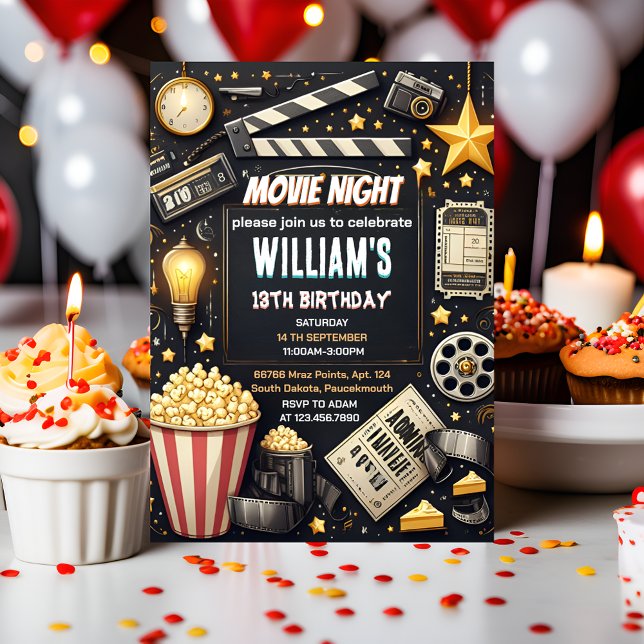 Invitation Get boy Camping Popcorn Film Nuit 13e anniversaire (Créateur téléchargé)