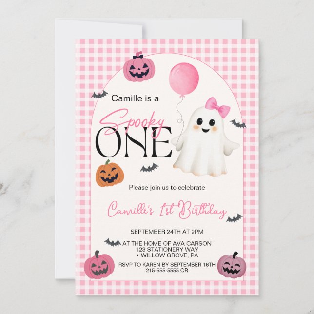 Invitation Ghost d'Halloween rose mignon 1er anniversaire (Devant)