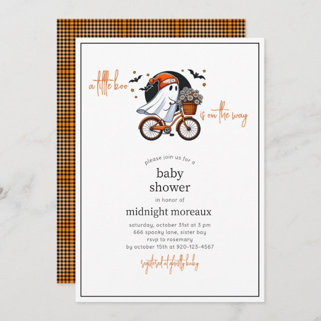 Invitation Ghost Little Boo Baby shower Halloween (Devant / Derrière)
