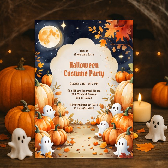 Invitation Ghost mignon et Citrouille Enfants Halloween Costu (Cute Ghost & Pumpkin Kids Halloween Costume Party Invitation Spooky-Cute Full Moon Night)