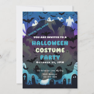 Invitation Ghosts Spiderwebs Graves Purple Bleu Halloween
