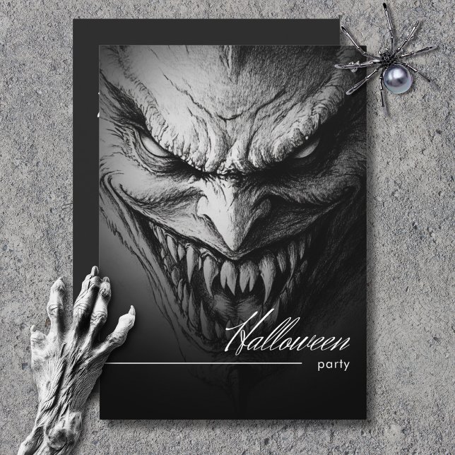 Invitation Ghoulish Gargoyle Black & White Halloween Party (Ghoulish Gargoyle Black & White Halloween Party Invitation)