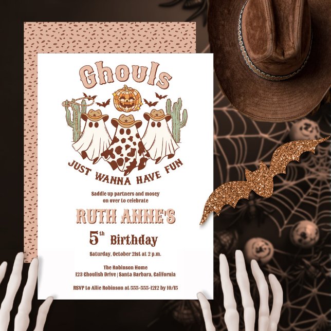 Invitation Ghouls veut s'amuser Halloween fête d'anniversaire ("Ghouls Just Wanna Have Fun" girl's western Halloween-themed birthday party.  Edit for any age.)