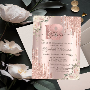 Invitation Giclées de paillettes chic, fleurs Rose Gold 18e a