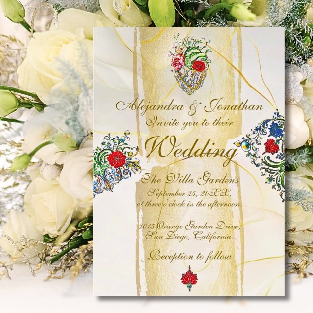Invitation Gilded Baroque Sacred Heart Mexican Wedding (Elegant Baroque sacred heart wedding invitation with gilded details and hand-painted floral motifs.)