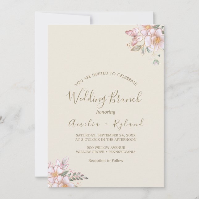 Invitation Gilded Floral | Brunch de mariage crème et or  (Devant)