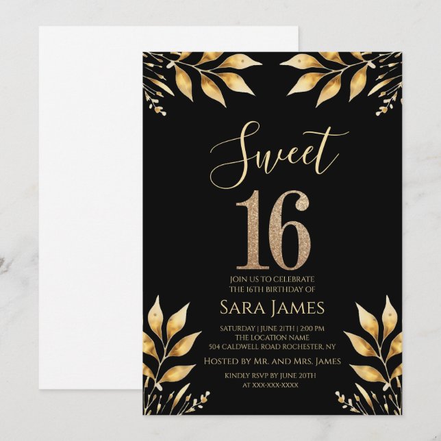 Invitation Gilded Glitz Sweet 16 (Devant / Derrière)