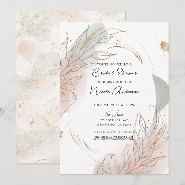 Invitation Gilded Gold Sage & Blush Botanical Bridal Shower (Devant / Derrière)
