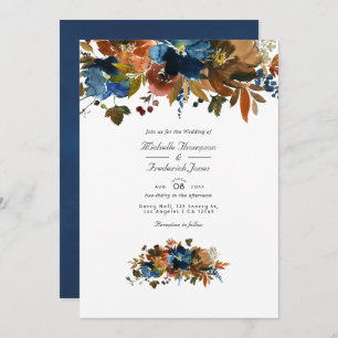 Invitation Gingembre et marine Floral QR Code RSVP Mariage