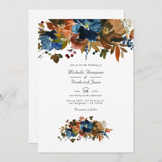 Invitation Ginger and Navy Floral QR Code RSVP Wedding (Devant / Derrière)