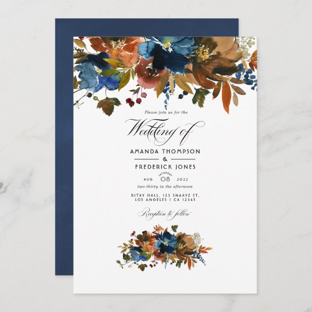 Invitation Ginger et Navy Floral Mariage Photo (Devant / Derrière)