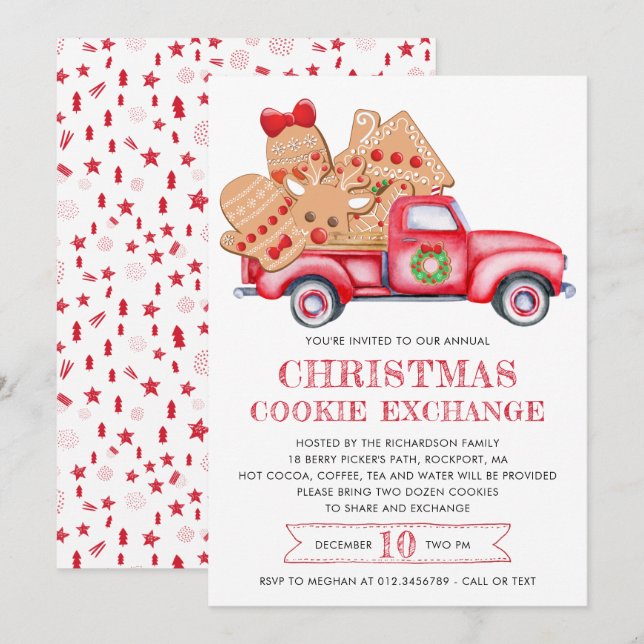 Invitation Gingerbread Cookie Camion Rouge Cookie Exchange (Devant / Derrière)