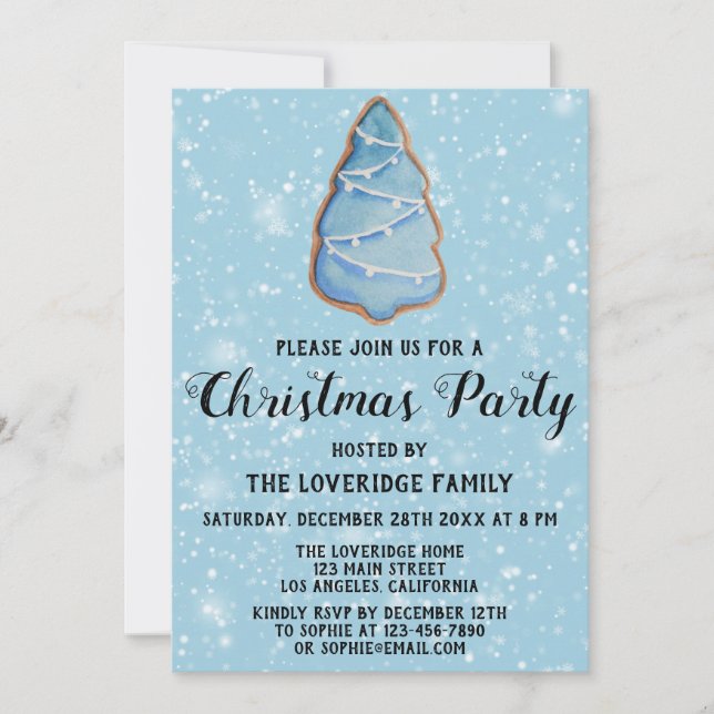 Invitation Gingerbread Fêtes de Noël Arbre Bleu Neige (Devant)