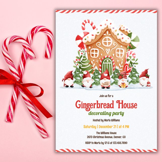 Invitation Gingerbread House Decorating Christmas Party (Gingerbread House Decorating Party – Cute Gnomes, Candy Cane, Personalized)