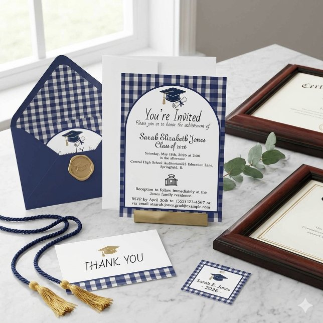 Invitation Gingham à carreaux bleu marine Classe 2026  (Créateur téléchargé)