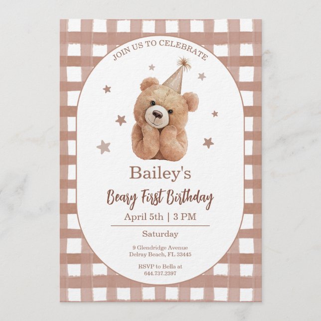 Invitation Gingham Anniversaire Premier de Beary (Devant)