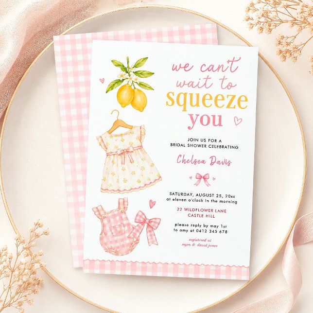 Invitation Gingham Aquarelle Citron Rose Bébé Fille (Pink Lemonade Whimsical Watercolor Baby Girl Invitation)