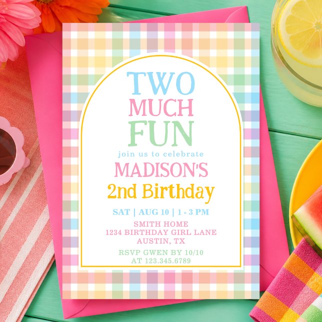 Invitation Gingham Arc-en-ciel Pastel Trop Amusant 2e Anniver (Créateur téléchargé)
