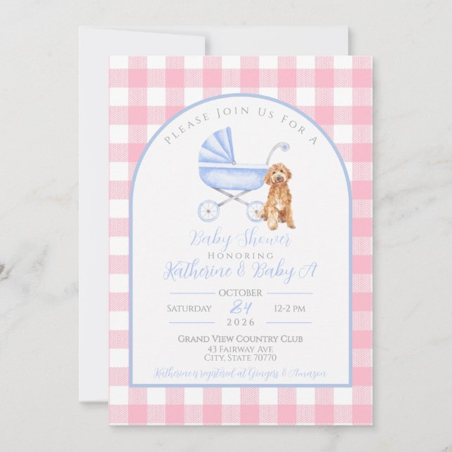 Invitation Gingham Baby Shower Fille Chien Mignon  (Devant)