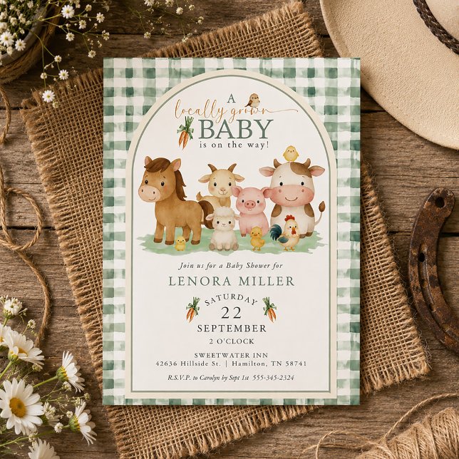 Invitation Gingham Bébé Élevé Localement Animaux de Ferme Bab (Gingham Locally Grown Baby Farm Animal Baby Shower Invitation)