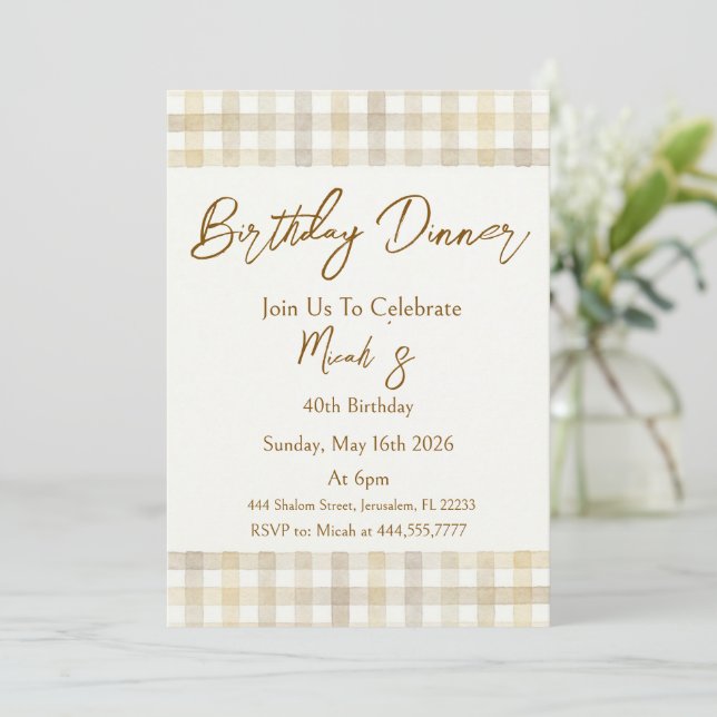 Invitation Gingham Beige Marron Blanc Rustique Simple Vintage (Debout devant)