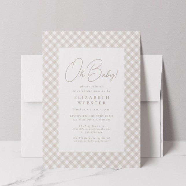 Invitation Gingham beige mignon neutre Oh Bébé fête prénatale (Créateur téléchargé)