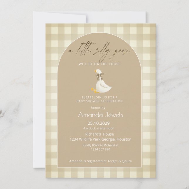 Invitation Gingham Beige Petit Oie Marron Ruban Baby Shower (Devant)