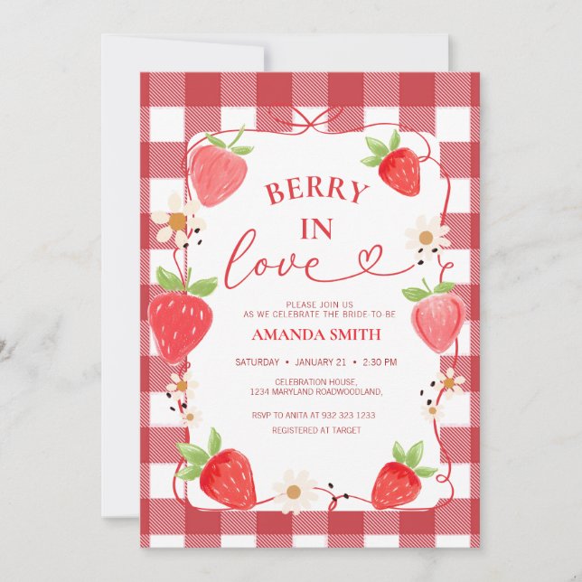 Invitation Gingham Berry In Love Red Bow Enterrement de Vie d (Devant)