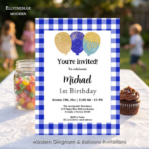 Invitation Gingham Bleu, Ballons de Fête 1er Anniversaire