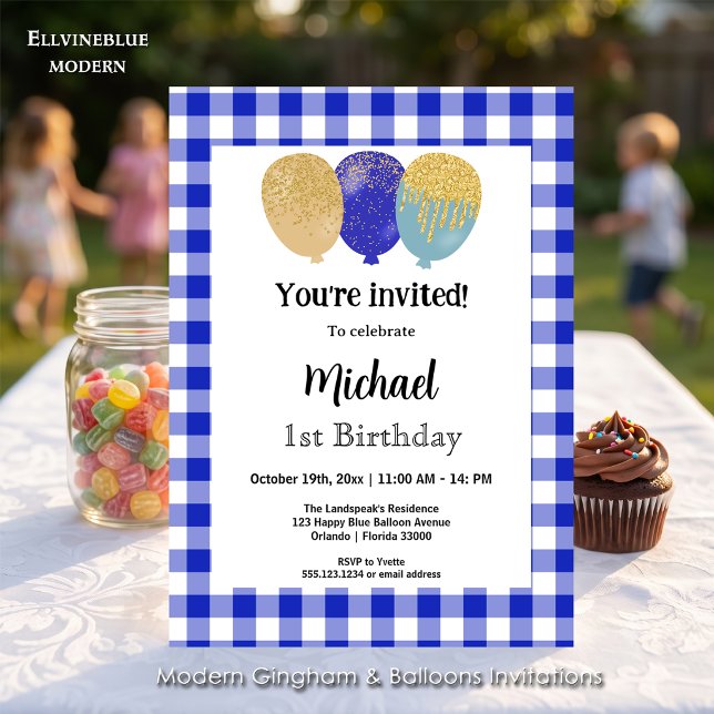 Invitation Gingham Bleu, Ballons de Fête 1er Anniversaire (Blue gingham balloon invitations! For 1st Birthday or any birthday. Size 5” x 7”.)