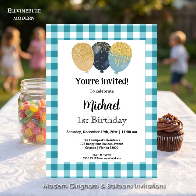 Invitation Gingham Bleu Canard, Ballons de Fête 1er Anniversa (Teal Blue gingham balloon invitations! For 1st Birthday or any birthday. Size 5” x 7”.)