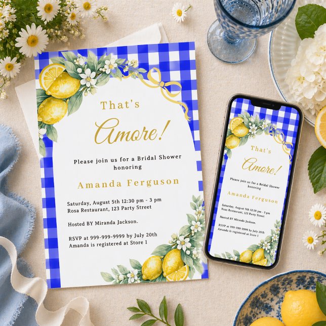 Invitation Gingham bleu citron amour italien noeud papillon B (Créateur téléchargé)