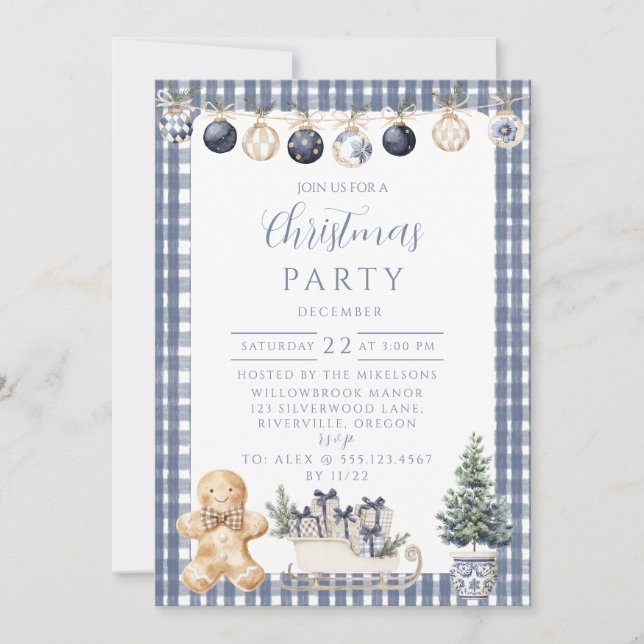 Invitation Gingham Bleu de Noël au Pain d'Épices (Devant)