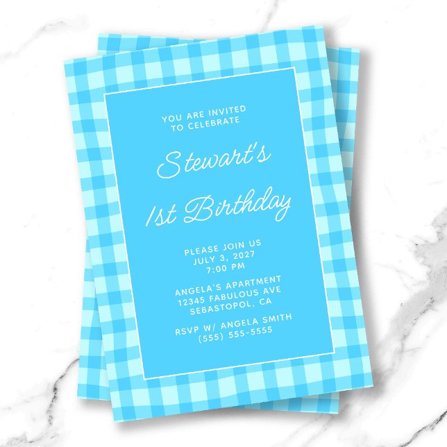 Invitation Gingham Bleu Ondulé d'Été 1er Anniversaire Gras (Wavy Blue Summer Gingham Bold 1st Birthday Invitation)